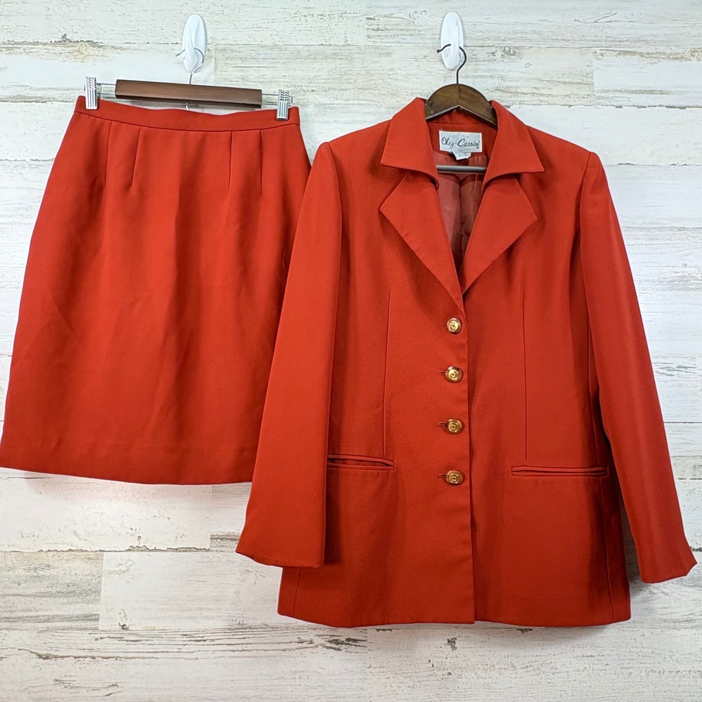 Oleg Cassini Vintage Burnt Orange‎ Skirt Suit Set Blazer Pencil Skirt Size 8 90s